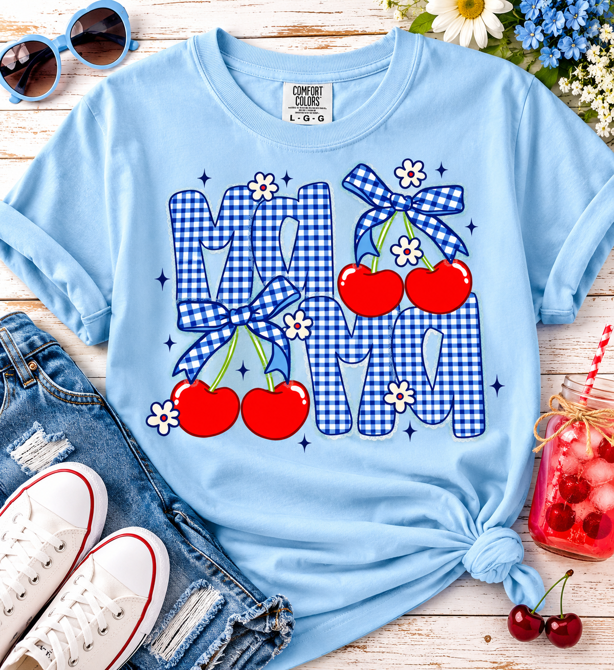 MA MA - BLUE CHECKERED CHERRY PRINT - DTF ONLY