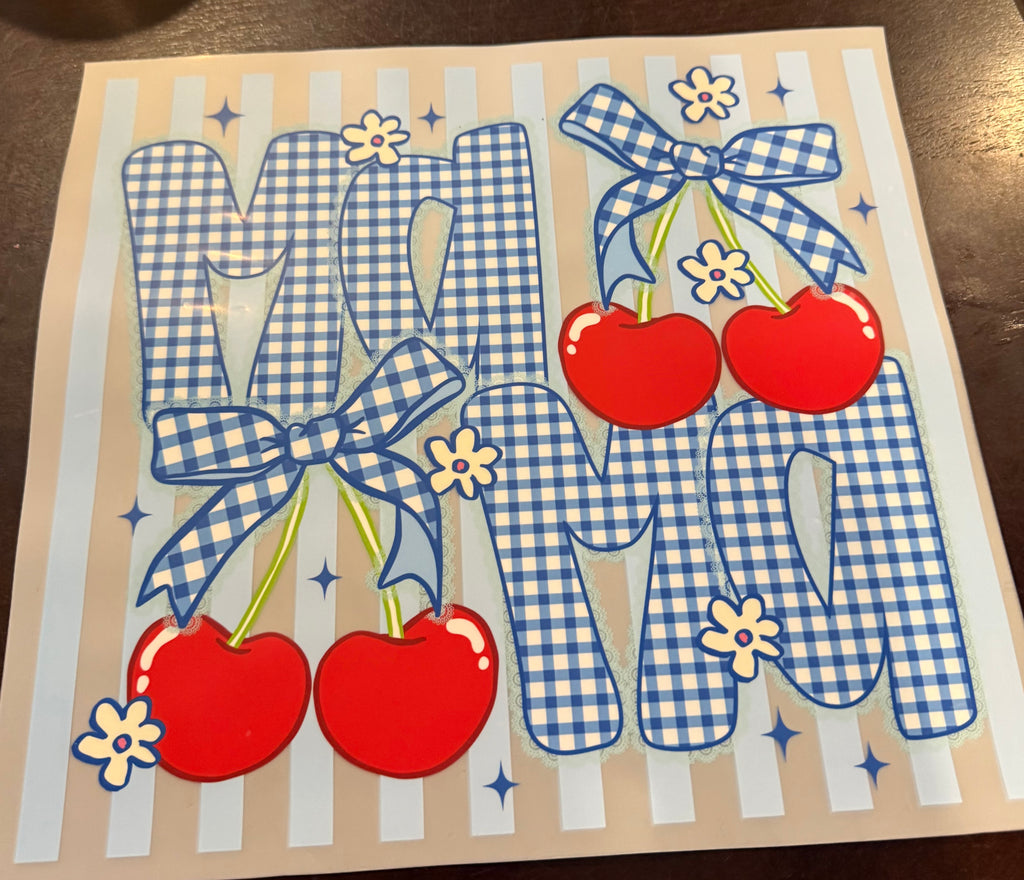 MA MA - BLUE CHECKERED CHERRY PRINT - DTF ONLY