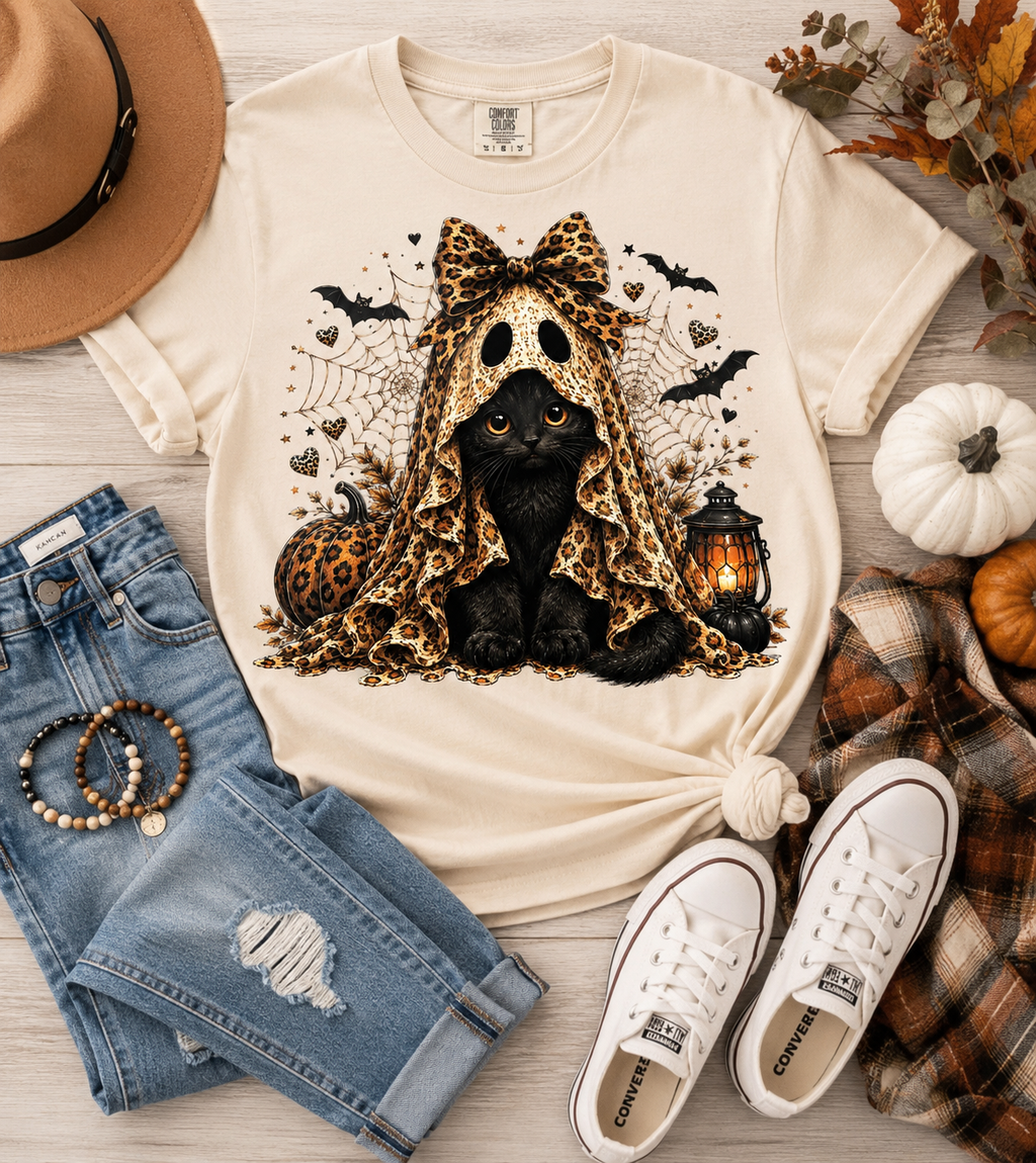 Ghost Kitty Fall Halloween DTF Print - So Cute!
